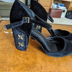 Faryl Robin Black Velvetine Jeweled  Ankle Strap Heels - Size 8.5